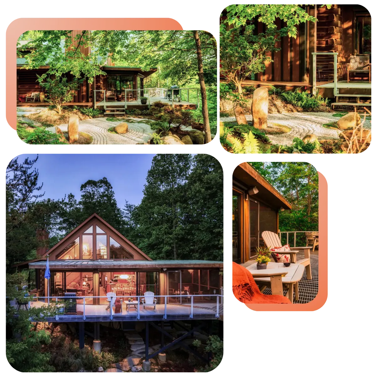 Aerial view of Windsong Retreat's luxurious log cabin surrounded by the Smoky Mountains, showcasing a private Zen Garden, pool, and spa.