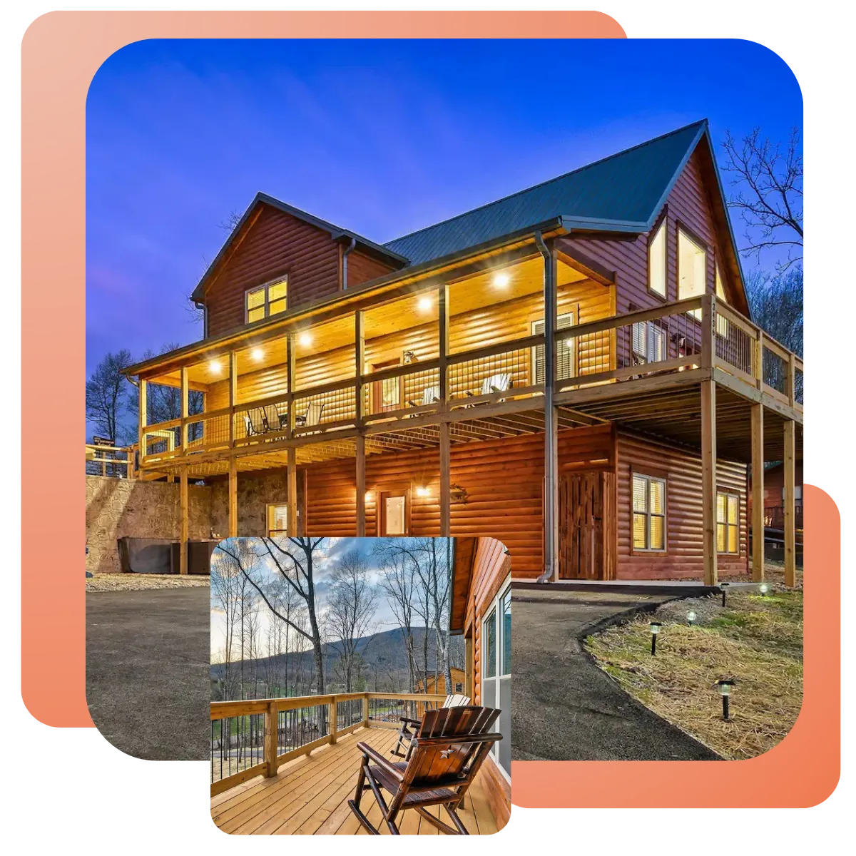 Gather your friends and family for an unforgettable stay at Cabin Bliss, a 2900 sq ft, three-story luxury cabin nestled in the Great Smoky Mountains, just 22 steps from the National Park! The image features the cabin's exterior, showcasing the spacious deck with a breathtaking mountain view.