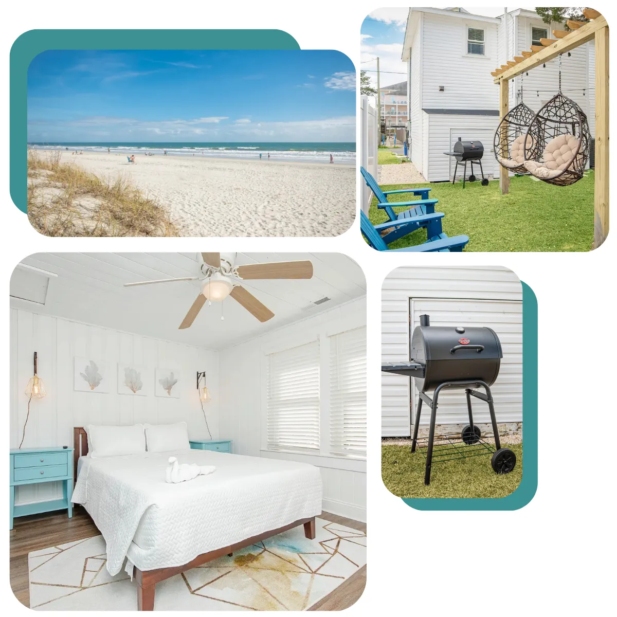 An alluring view of Loni's Beach Cottage, a cozy 2-story retreat newly renovated for your comfort. Located near the pristine Crescent Beach in North Myrtle, the image emphasizes the cottage's beach access right across the street.