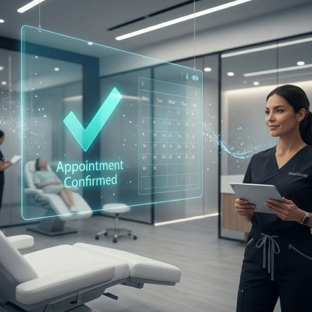 A sophisticated medical aesthetic clinic treatment room, featuring modern equipment and white upholstered furniture, is seen with a large, transparent, floating glass digital screen hanging in the foreground. A prominent teal-blue checkmark with the text 'Appointment Confirmed' is displayed on this screen, superimposed over a detailed, interactive digital calendar view. Subtle data streams and glowing particle effects emanating from the screen suggest AI integration and seamless connectivity within the clinical setting.