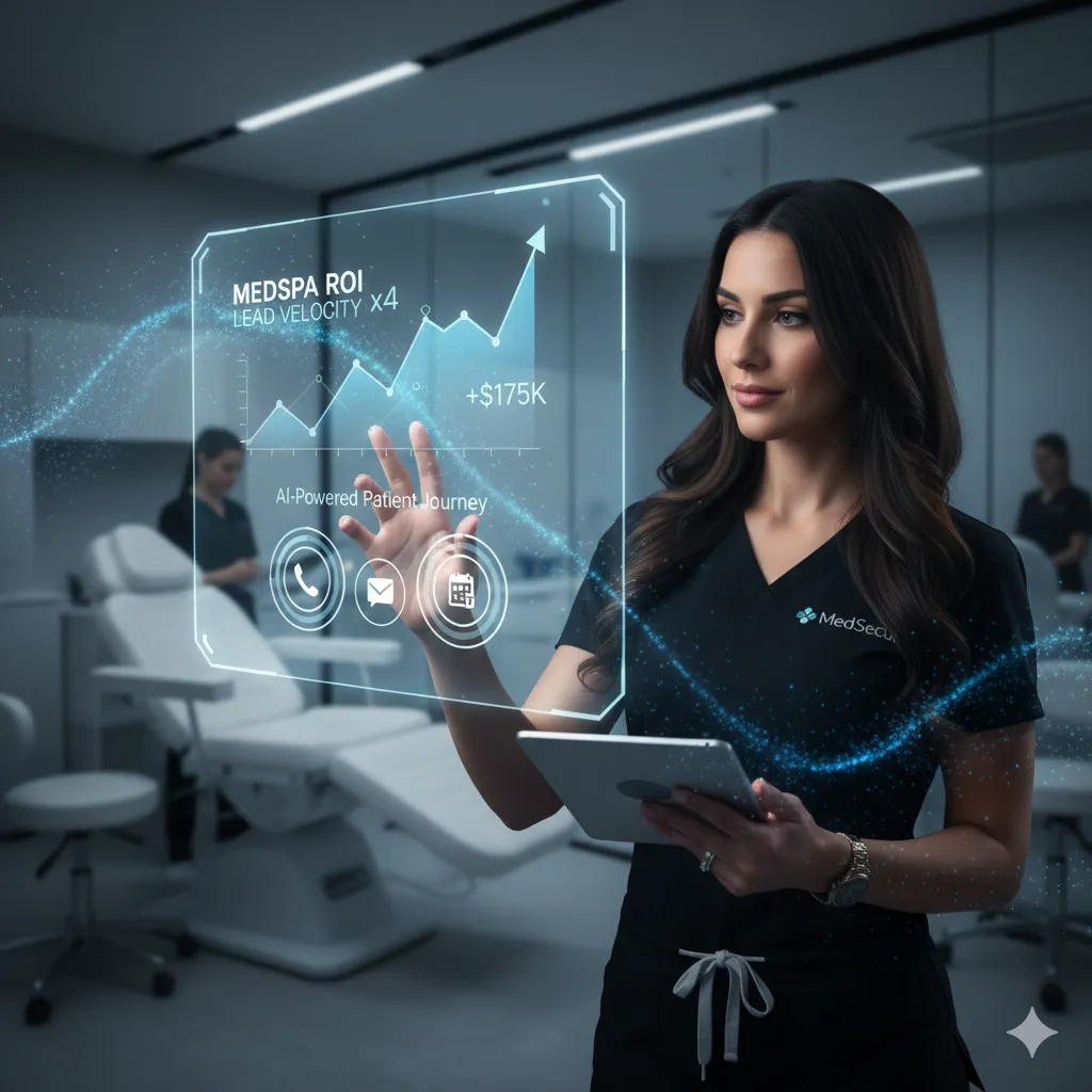 A healthcare business owner reviewing an upward-trending financial growth chart and ROI reports on a hologram screen