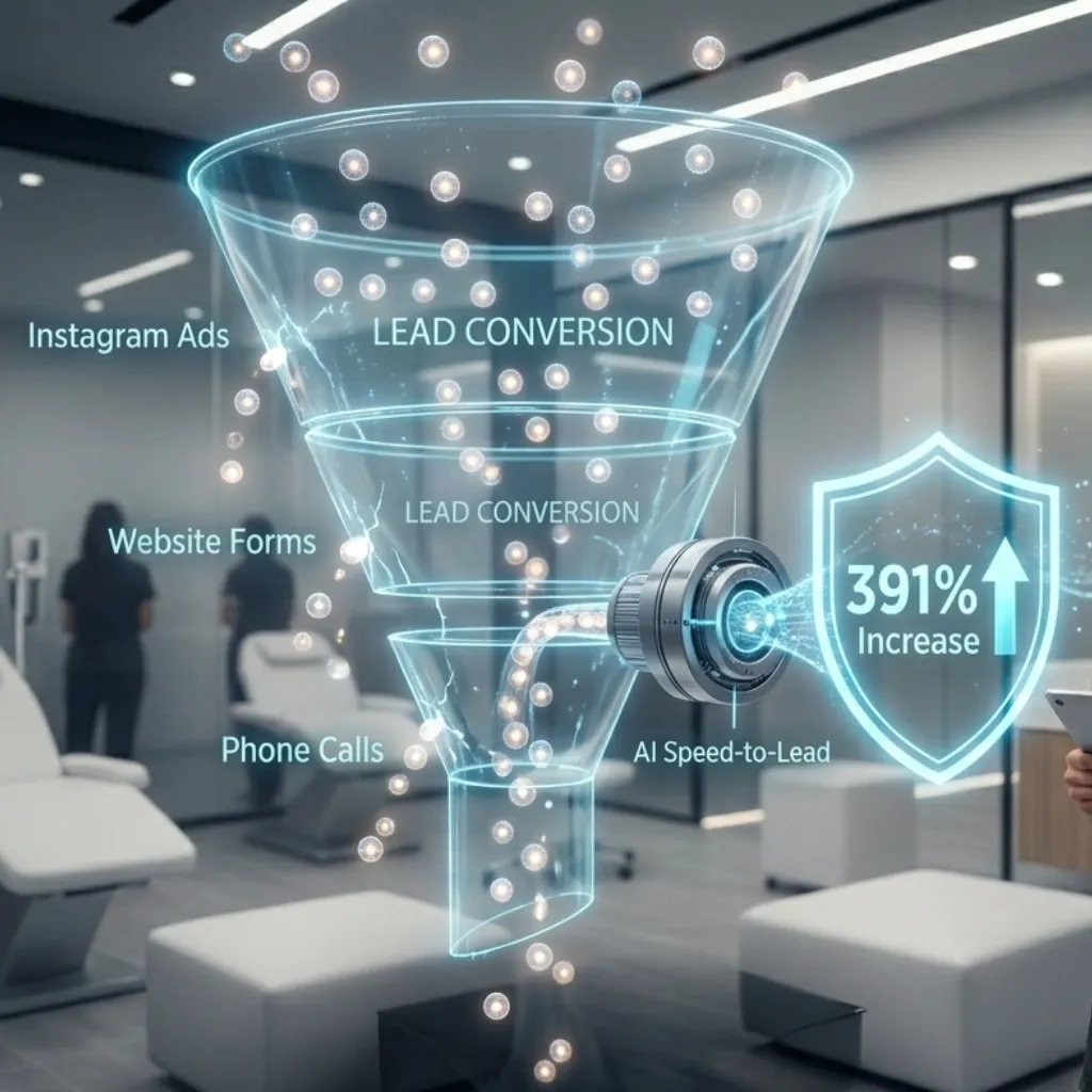 A sophisticated medical aesthetic clinic treatment room serves as the background for a large, conceptual 3D funnel in a modern medical office setting, with glowing digital leads flowing through it, a "391% Increase" badge highlighting speed-to-lead efficiency.