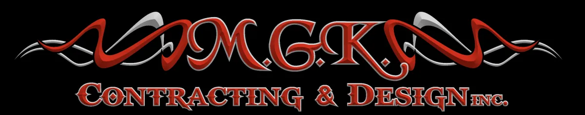 Logo for MGK Contracting & Design Inc.: Bold, stylized red 'MGK' text with 3D beveling, metallic silver highlights, and flame-like extensions on the letters, set against a black background. Below it, 'CONTRACTING & DESIGN INC.' in matching red gothic-inspired font with silver outlines.