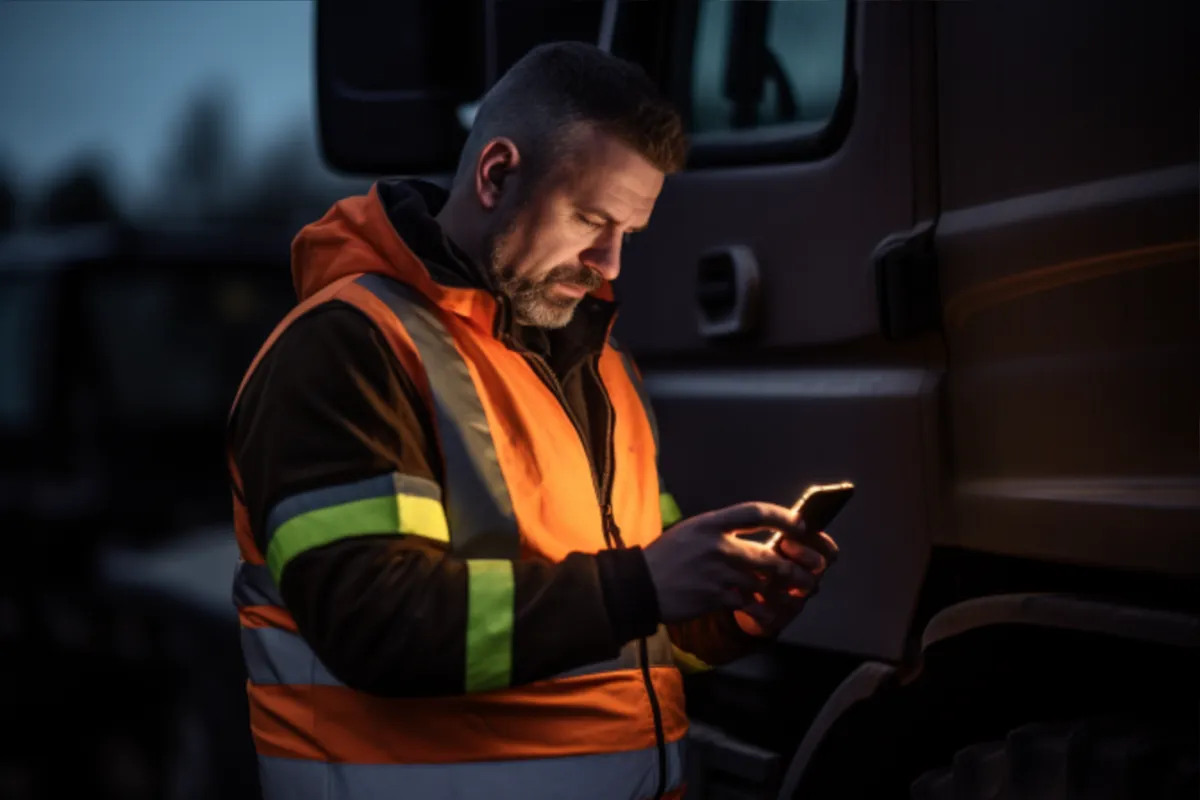 towtruck driver checking cell phone