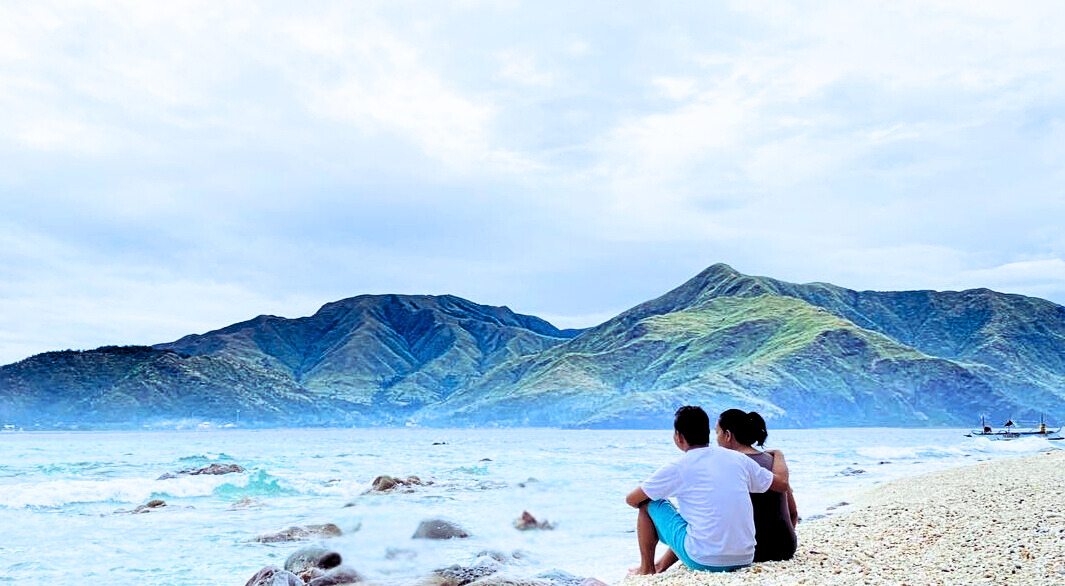 a hammock between two palm trees on a beach
