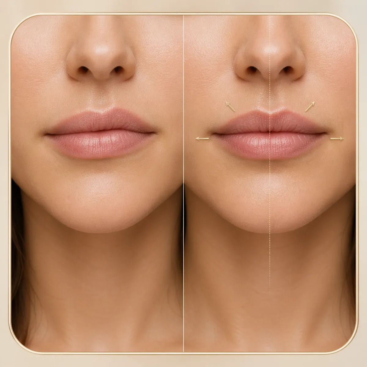 Before and after showing improved lip symmetry after doctor-performed lip fillers in KL
