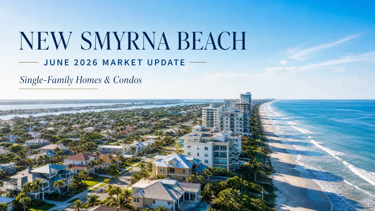 Aerial view of New Smyrna Beach, Florida coastline featuring coastal homes and condos for the June 2026 Real Estate Market Update."