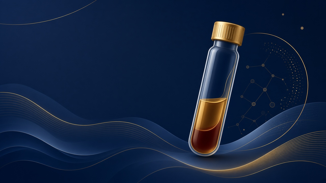 Navy and gold clinical lab vial graphic representing hormone bloodwork education