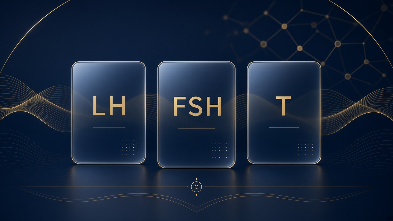 Navy and gold BIOELITE lab literacy graphic showing LH, FSH, and T cards for educational hormone panel context