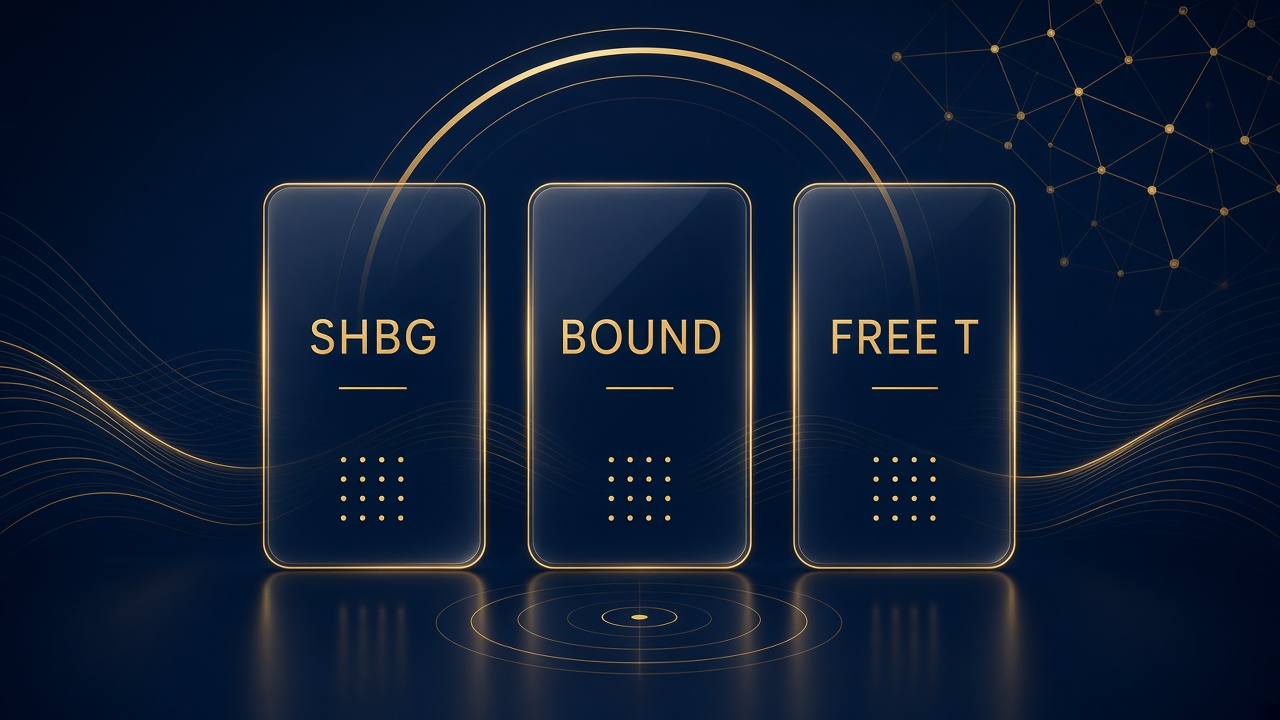 Navy and gold BIOELITE lab literacy graphic with SHBG, bound, and free testosterone cards