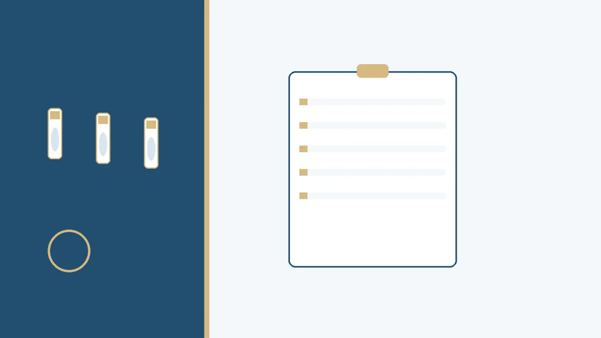 Navy and gold BIOELITE graphic of a lab panel clipboard and vials