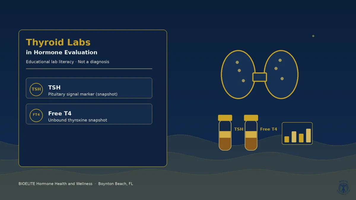 Thyroid lab education graphic showing TSH and Free T4 in hormone evaluation