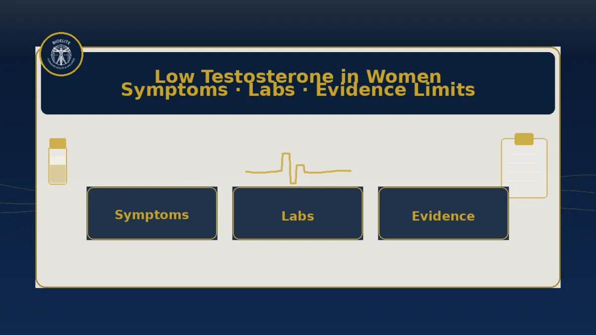 Navy and gold BIOELITE graphic: low testosterone in women — symptoms, labs, evidence limits
