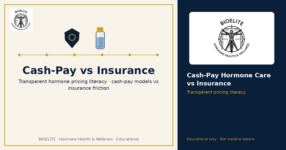 Navy and gold BIOELITE graphic on cream panel: cash-pay vs insurance transparent hormone pricing literacy with shield and vial motifs