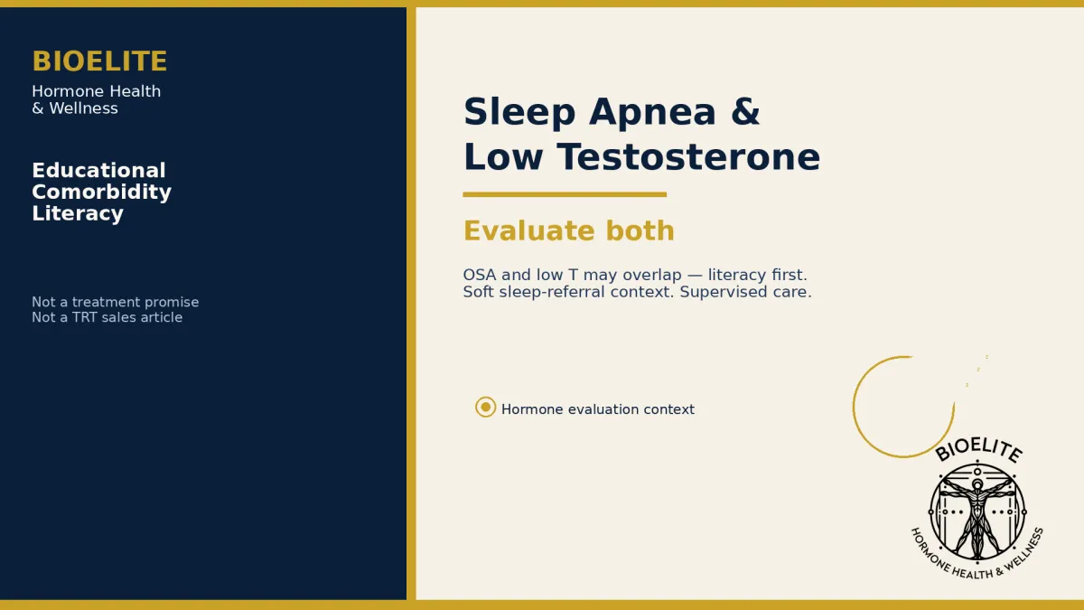 Navy and gold BIOELITE graphic on cream panel: sleep apnea and low testosterone overlap literacy evaluate both with calm clinical sleep motif