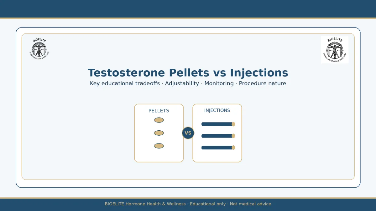 Navy and gold BIOELITE graphic on soft cream panel: testosterone pellets vs injections comparison literacy with calm clinical comparison motif