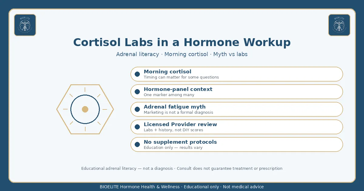 Navy and gold BIOELITE graphic on soft cream panel: cortisol labs in a hormone workup adrenal literacy with calm clinical morning-cortisol motif