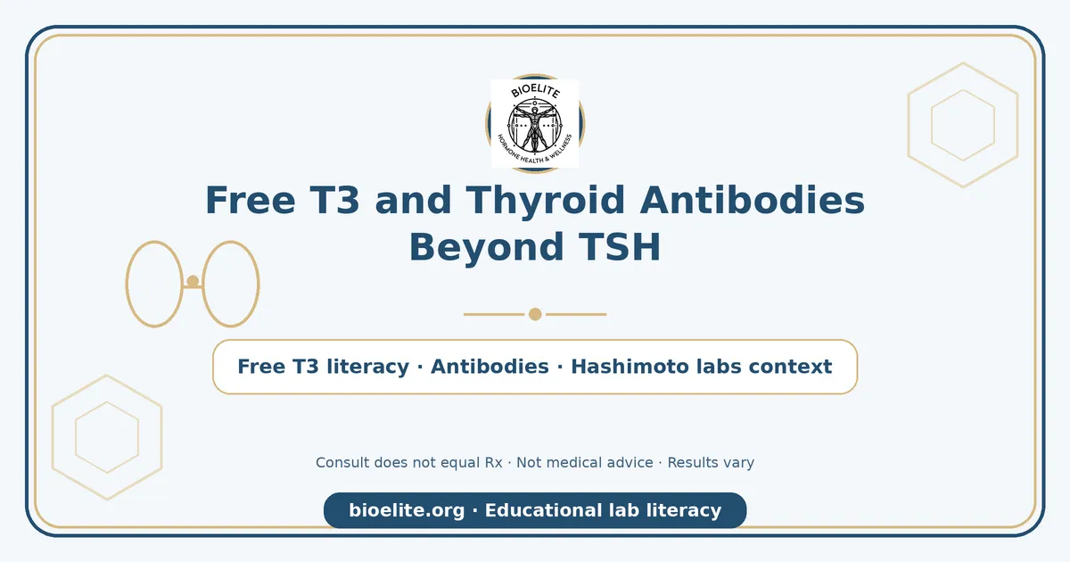 Navy and gold BIOELITE graphic on soft cream panel: Free T3 and thyroid antibodies beyond TSH with calm clinical thyroid lab literacy motif