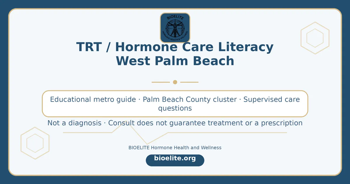 Navy and gold BIOELITE graphic on soft cream panel: TRT / hormone care literacy for West Palm Beach with calm clinical motif