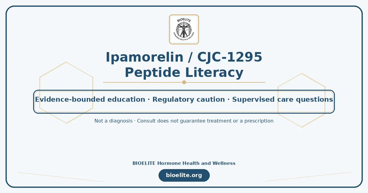 Navy and gold BIOELITE graphic on soft cream panel: Ipamorelin / CJC-1295 peptide literacy with calm clinical motif