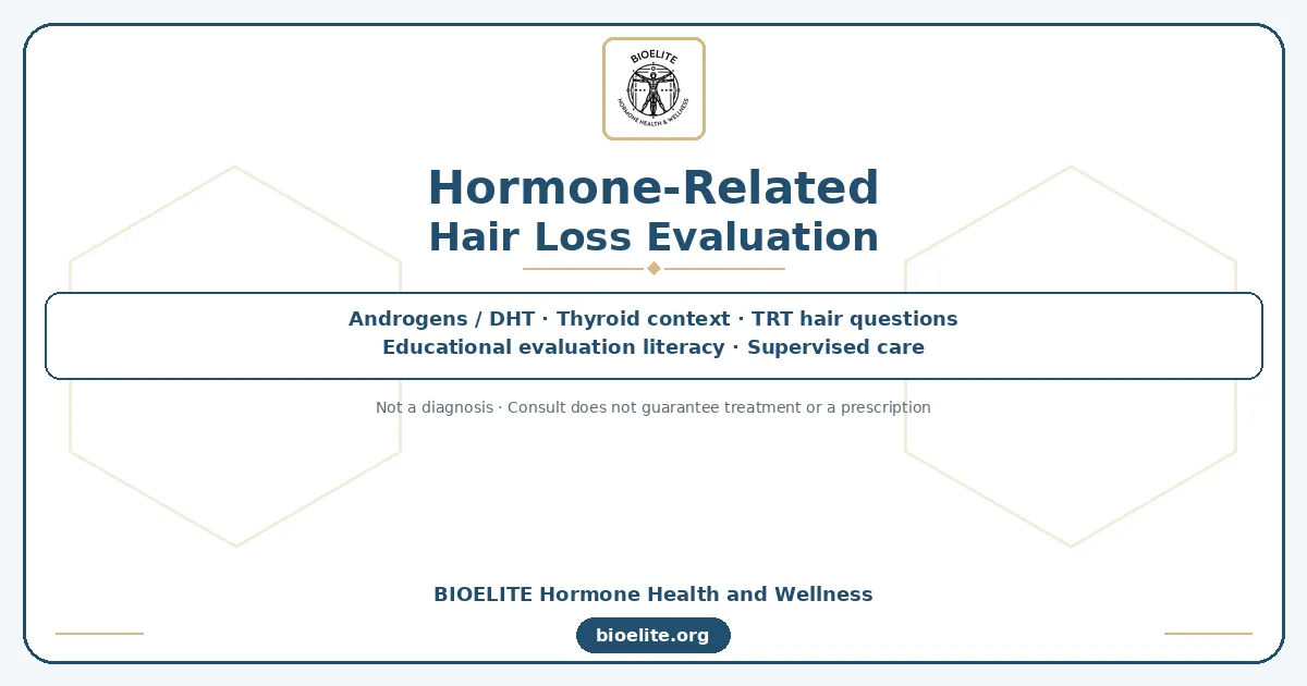 Navy and gold BIOELITE graphic on soft cream panel: Hormone-Related Hair Loss Evaluation with calm clinical motif