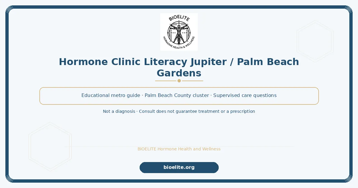 Navy and gold BIOELITE graphic on soft cream panel: hormone clinic literacy for Jupiter / Palm Beach Gardens with calm clinical motif