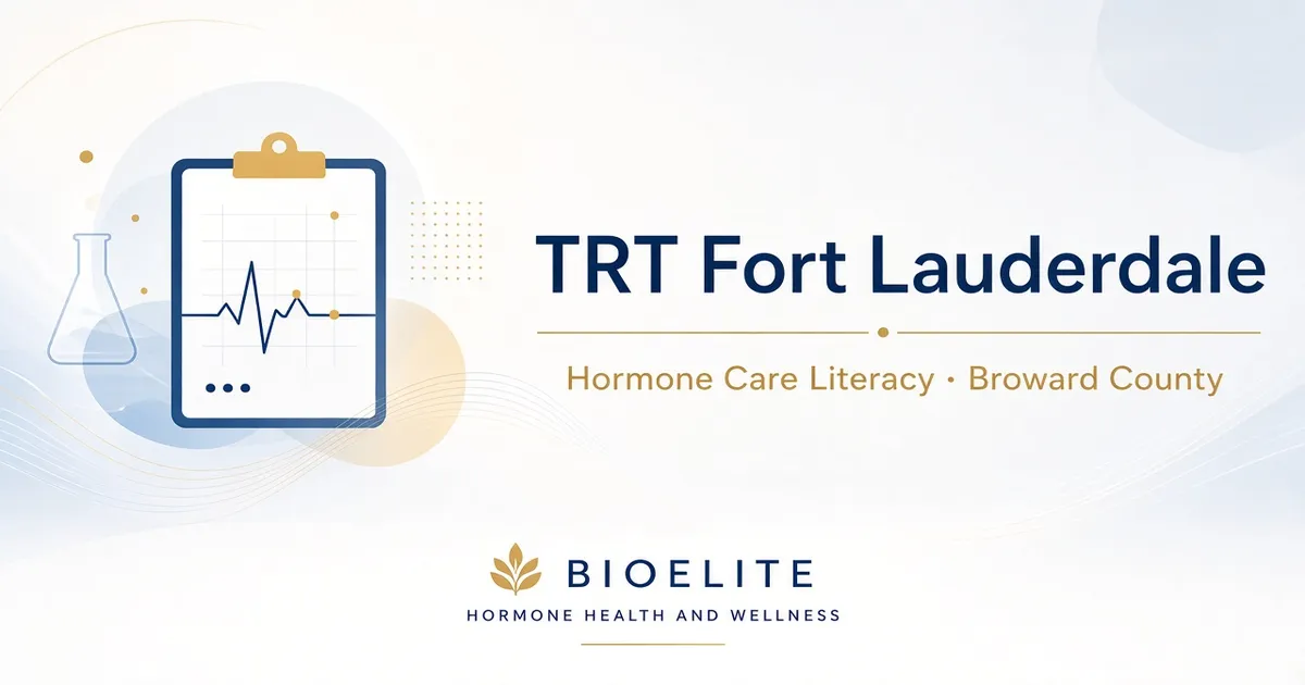 Navy and gold BIOELITE graphic on soft cream panel: TRT / hormone care literacy for Fort Lauderdale / Broward with calm clinical motif