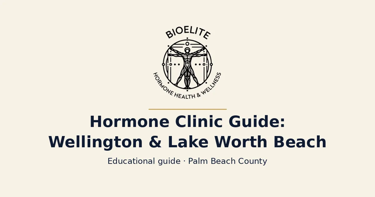BIOELITE seal logo above navy text reading Hormone Clinic Guide: Wellington and Lake Worth Beach, Educational guide, Palm Beach County, on a soft cream background
