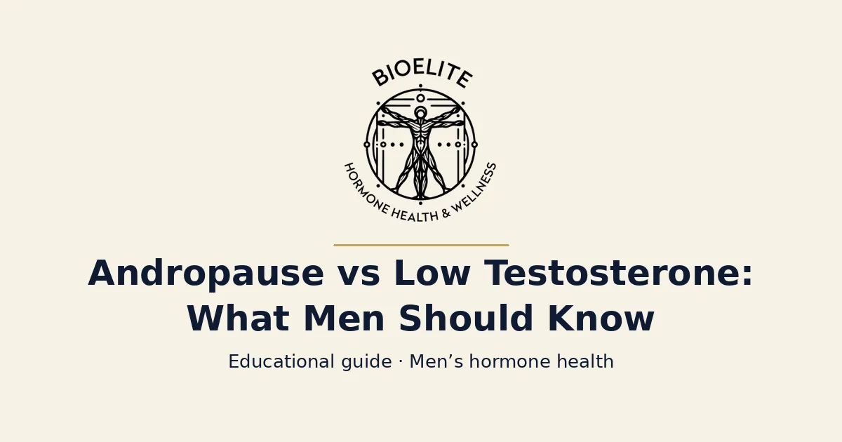 BIOELITE seal logo above navy text reading Andropause vs Low Testosterone: What Men Should Know, on a soft cream background