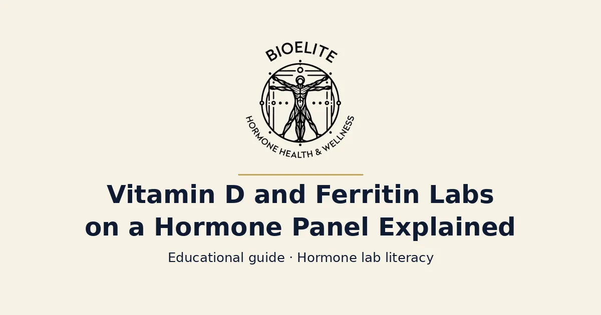 BIOELITE seal logo above navy text reading Vitamin D and Ferritin Labs on a Hormone Panel Explained, on a soft cream background