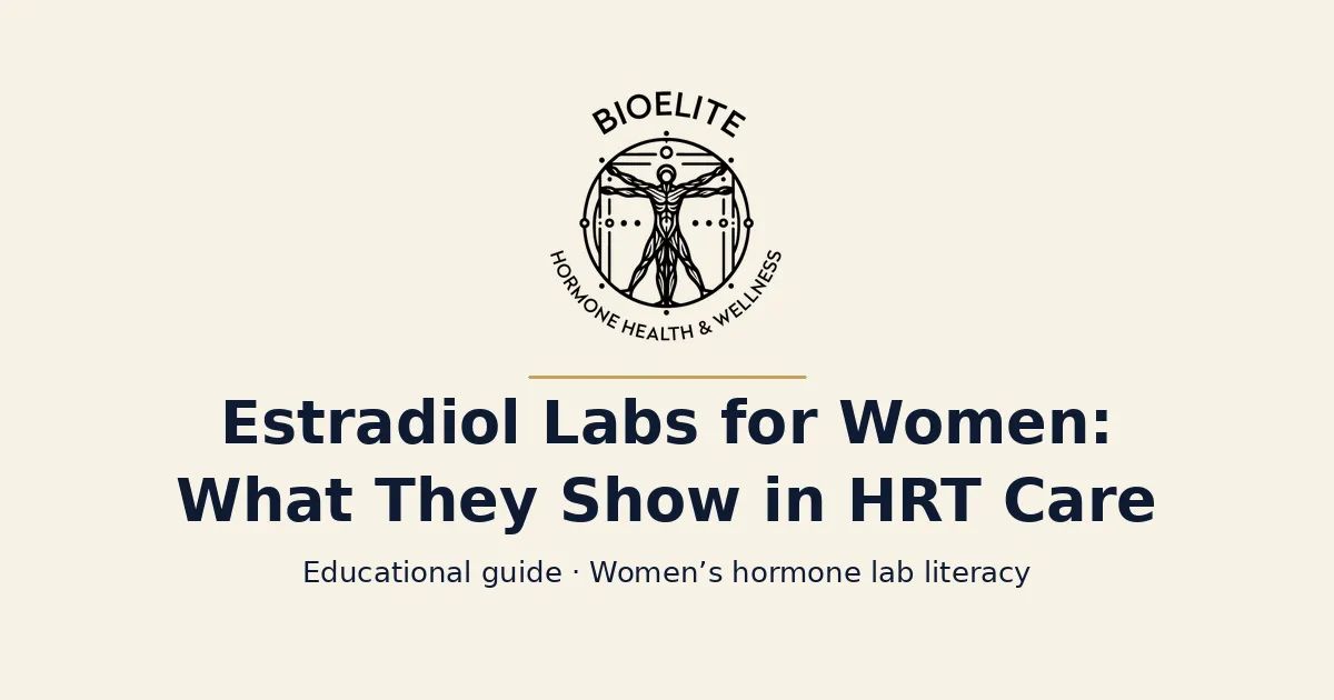 BIOELITE seal logo above navy text reading Estradiol Labs for Women: What They Show in HRT Care, on a soft cream background
