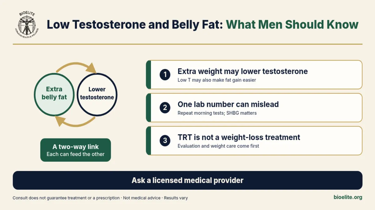 BIOELITE seal logo with navy and green text reading Low Testosterone and Belly Fat: What Men Should Know, a two-way cycle diagram, and three key points on a soft cream background