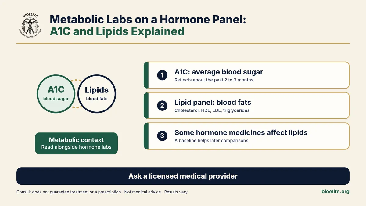 BIOELITE seal logo with navy and green text reading Metabolic Labs on a Hormone Panel: A1C and Lipids Explained, A1C and Lipids circles, and three key points on a soft cream background