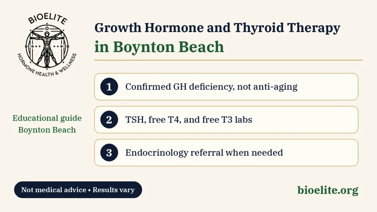 BIOELITE seal logo with navy and green text reading Growth Hormone and Thyroid Therapy in Boynton Beach, with callouts for confirmed GH deficiency, TSH and free T4 and T3 labs, and endocrinology referral on a soft cream background