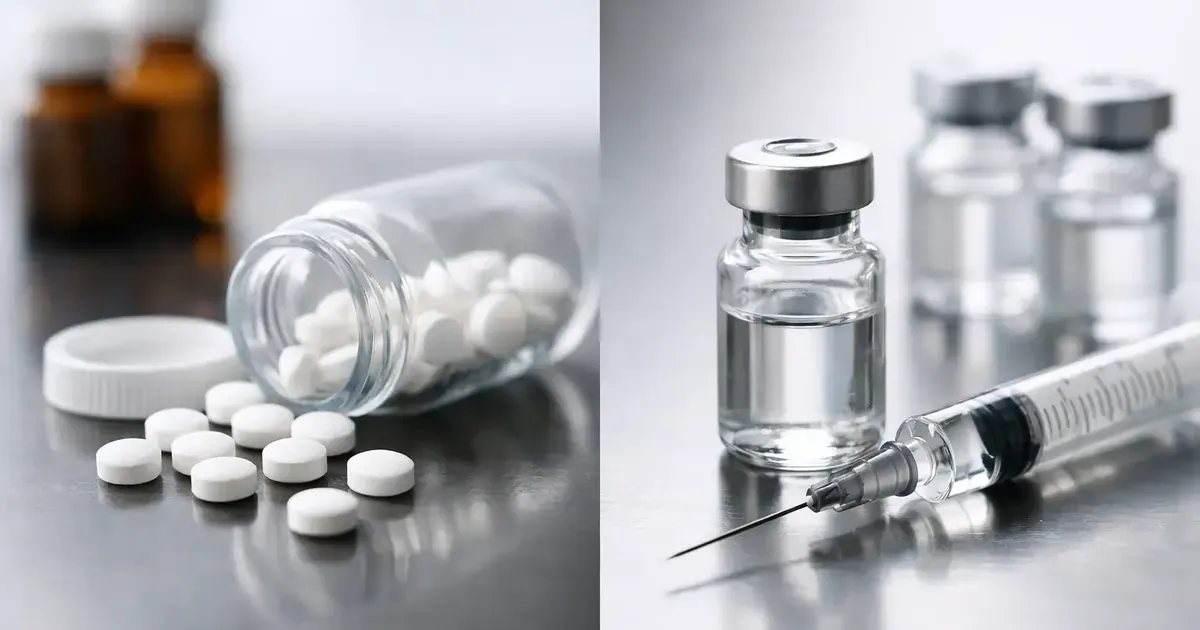 Split image comparing enclomiphene oral tablets spilling from a bottle with testosterone injection vials and a syringe