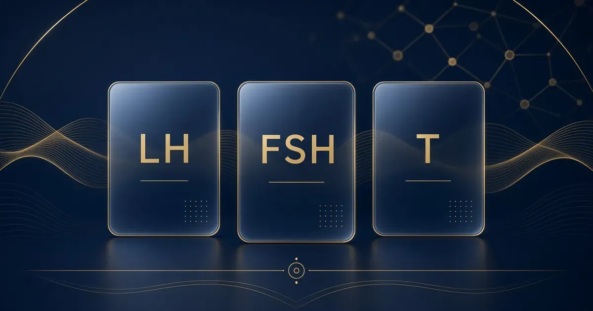 Navy and gold BIOELITE lab literacy graphic showing LH, FSH, and T cards for educational hormone panel context
