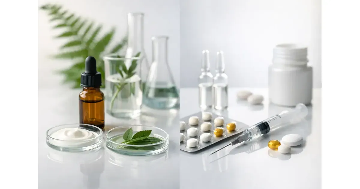 Split image comparing botanical-style hormone preparations (amber dropper bottle, cream, and herbs in glassware) with conventional hormone medications (blister pack of tablets, vials and a syringe)