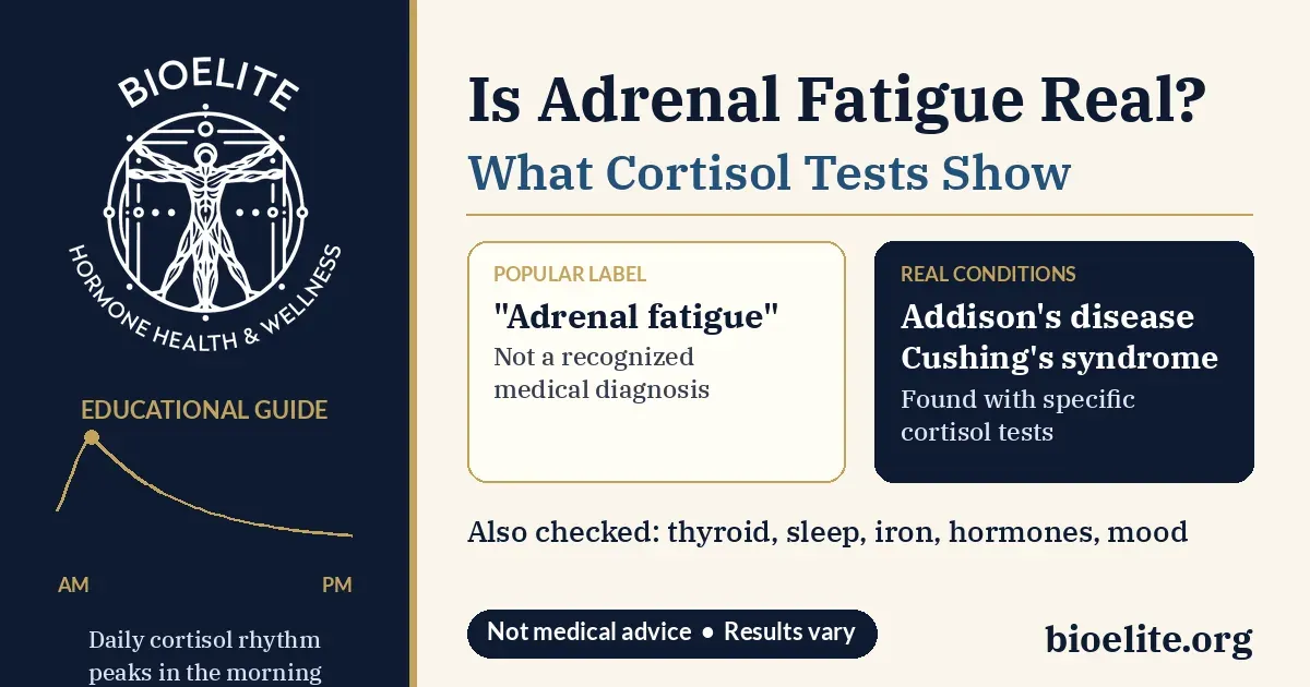 BIOELITE Hormone Health and Wellness logo with text reading Is Adrenal Fatigue Real? What Cortisol Tests Show, a gold daily cortisol rhythm line, and cards comparing the adrenal fatigue label with Addison's disease and Cushing's syndrome