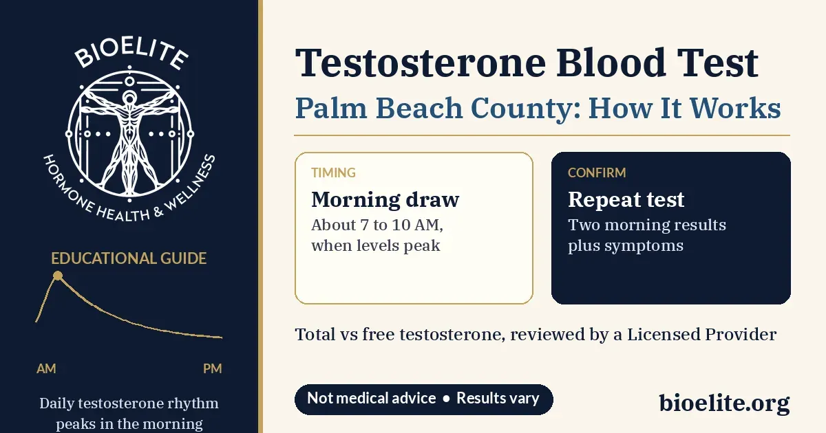 BIOELITE Hormone Health and Wellness logo with text reading Testosterone Blood Test, Palm Beach County: How It Works, a gold daily testosterone rhythm line peaking in the morning, and cards on a 7 to 10 AM morning draw and repeat testing