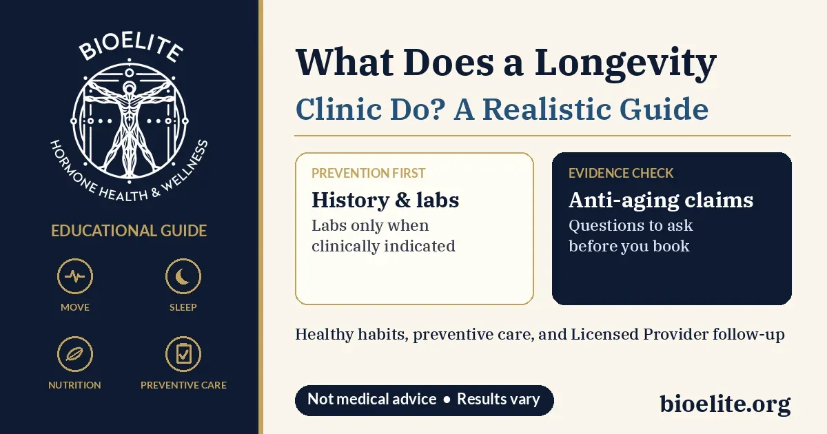 BIOELITE Hormone Health and Wellness logo with text reading What Does a Longevity Clinic Do? A Realistic Guide, gold icons for move, sleep, nutrition, and preventive care, and cards for prevention first with history and labs only when clinically indicated, and an evidence check on anti-aging claims with questions to ask before you book