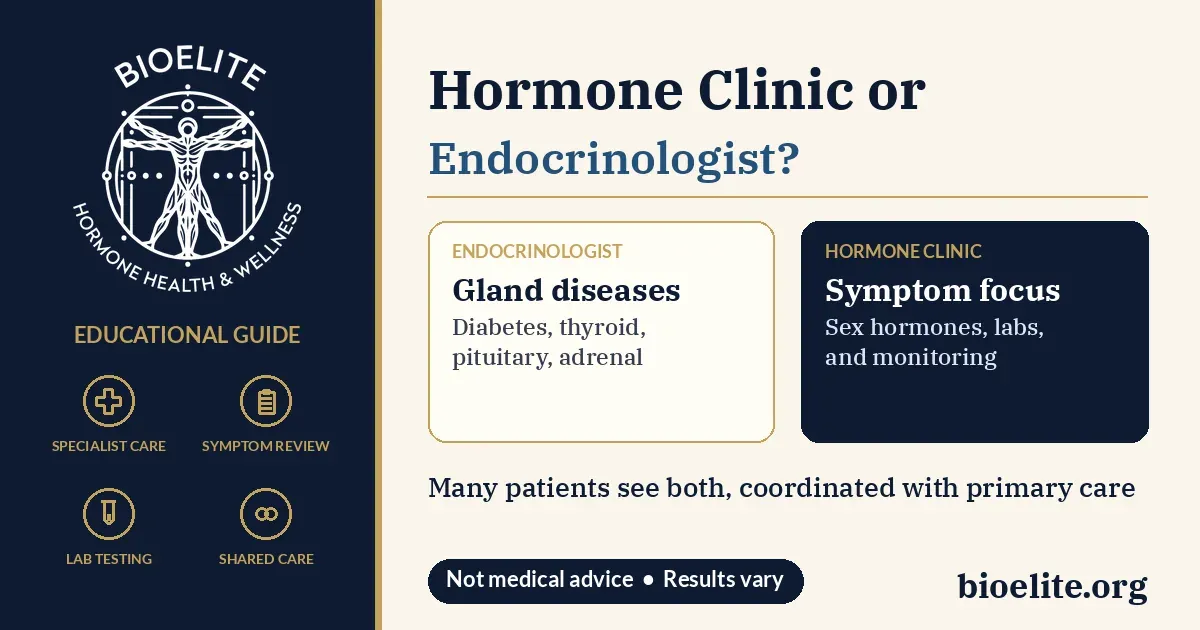 BIOELITE Hormone Health and Wellness logo with text reading Hormone Clinic or Endocrinologist?, gold icons for specialist care, symptom review, lab testing, and shared care, and two cards comparing an endocrinologist, who treats gland diseases such as diabetes and thyroid disorders, with a hormone clinic focused on sex hormone symptoms, labs, and monitoring