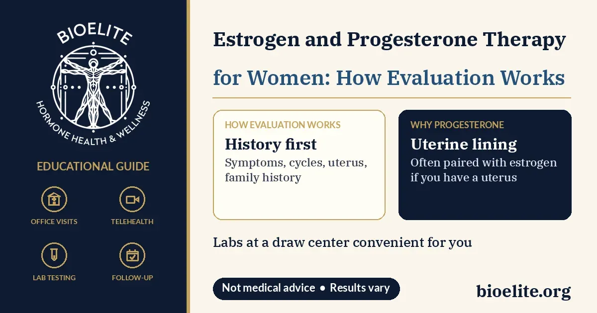 BIOELITE Hormone Health and Wellness logo with text reading Estrogen and Progesterone Therapy for Women: How Evaluation Works, gold icons for office visits, telehealth, lab testing, and follow-up, and two cards explaining that evaluation starts with symptoms, cycles, and family history, and that progesterone is often paired with estrogen for women who have a uterus