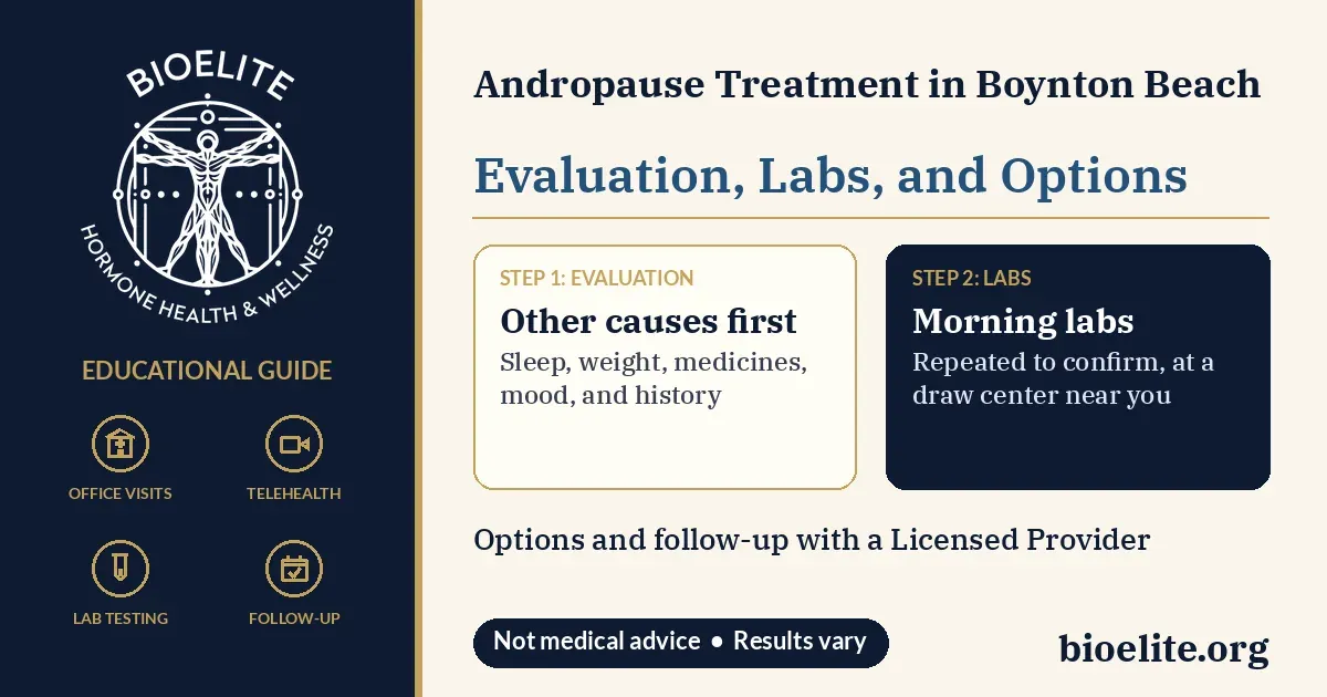 BIOELITE Hormone Health and Wellness logo with text reading Andropause Treatment in Boynton Beach: Evaluation, Labs, and Options, gold icons for office visits, telehealth, lab testing, and follow-up, and two cards explaining that evaluation looks at other causes first and that morning labs are repeated to confirm at a draw center near you