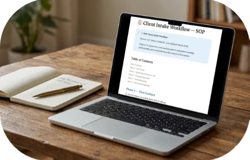 Systems and SOP documentation setup in Notion and Google Workspace for online coaching businesses