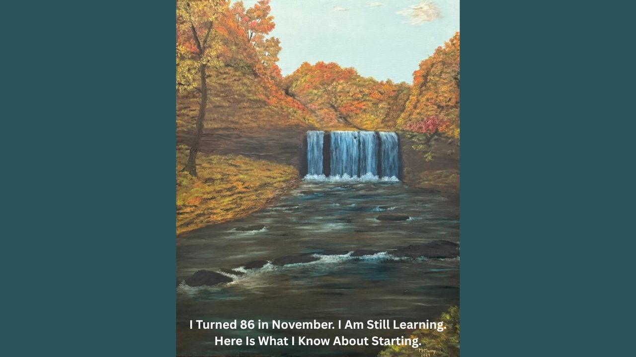 A fall waterfall landscape painted from a bright mid-summer day photograph.