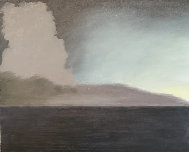 First stage underpainting of The Beauty Of The Settting Sun, oil painting by Gorden McMurry showing raw umber and Payne's gray cloud mass value structure on canvas