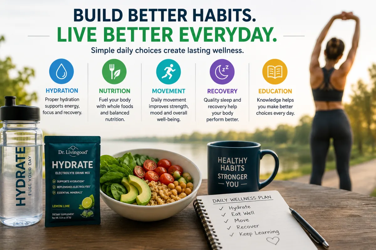 healthy daily wellness routine with hydration nutrition and movement habits