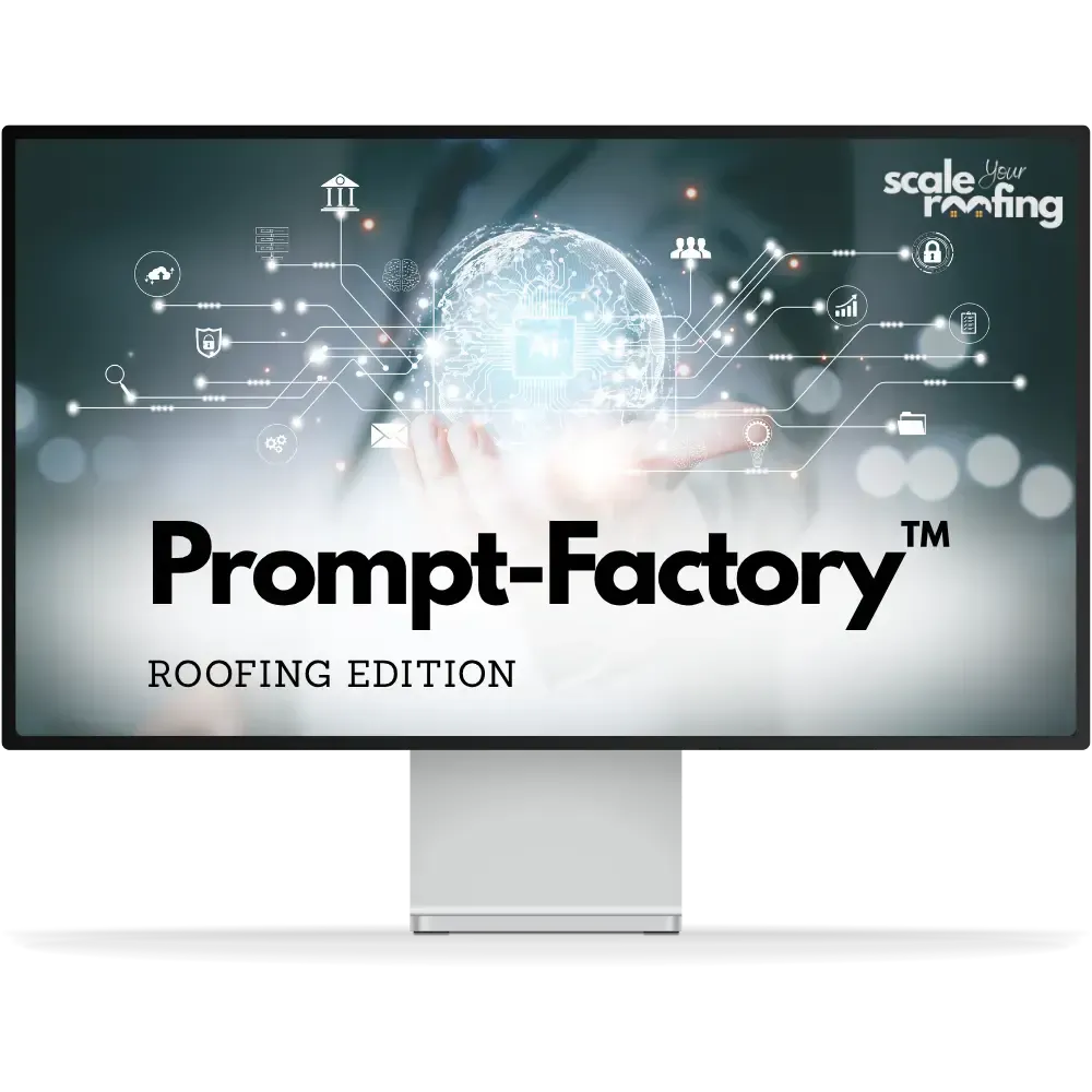 Prompt-Factory™ product mockup showcasing 150 AI roofing ad-copy prompts