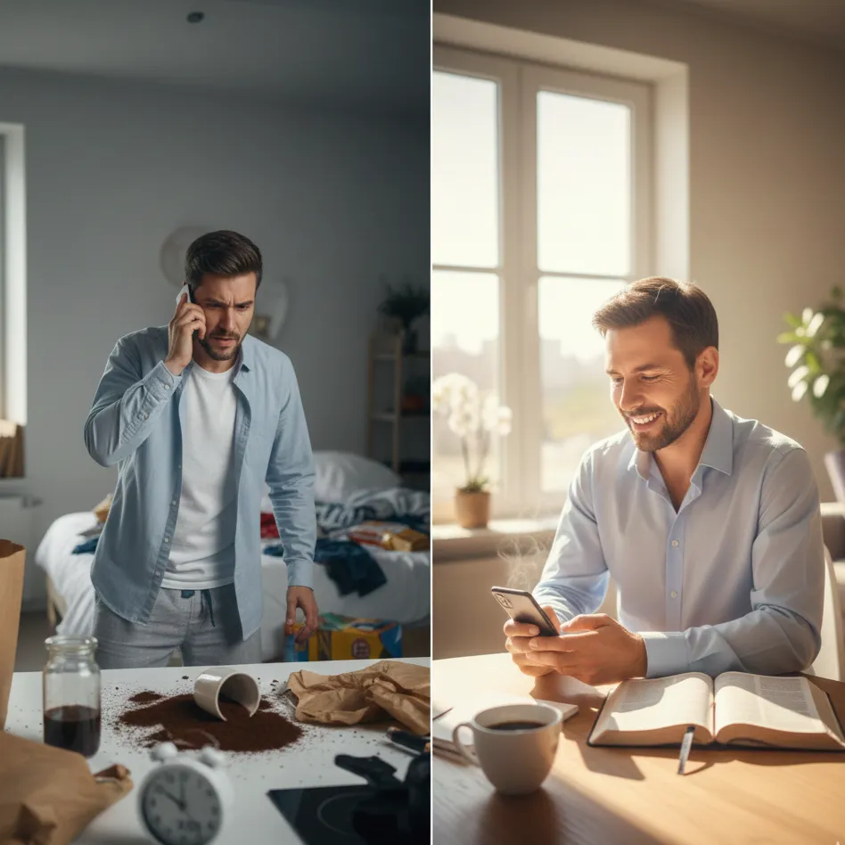 A close-up of an open Bible with handwritten notes in the margins, a cup of herbal tea beside it, and a hand gently turning a page. The setting is a cozy wooden table, morning light streaming in.