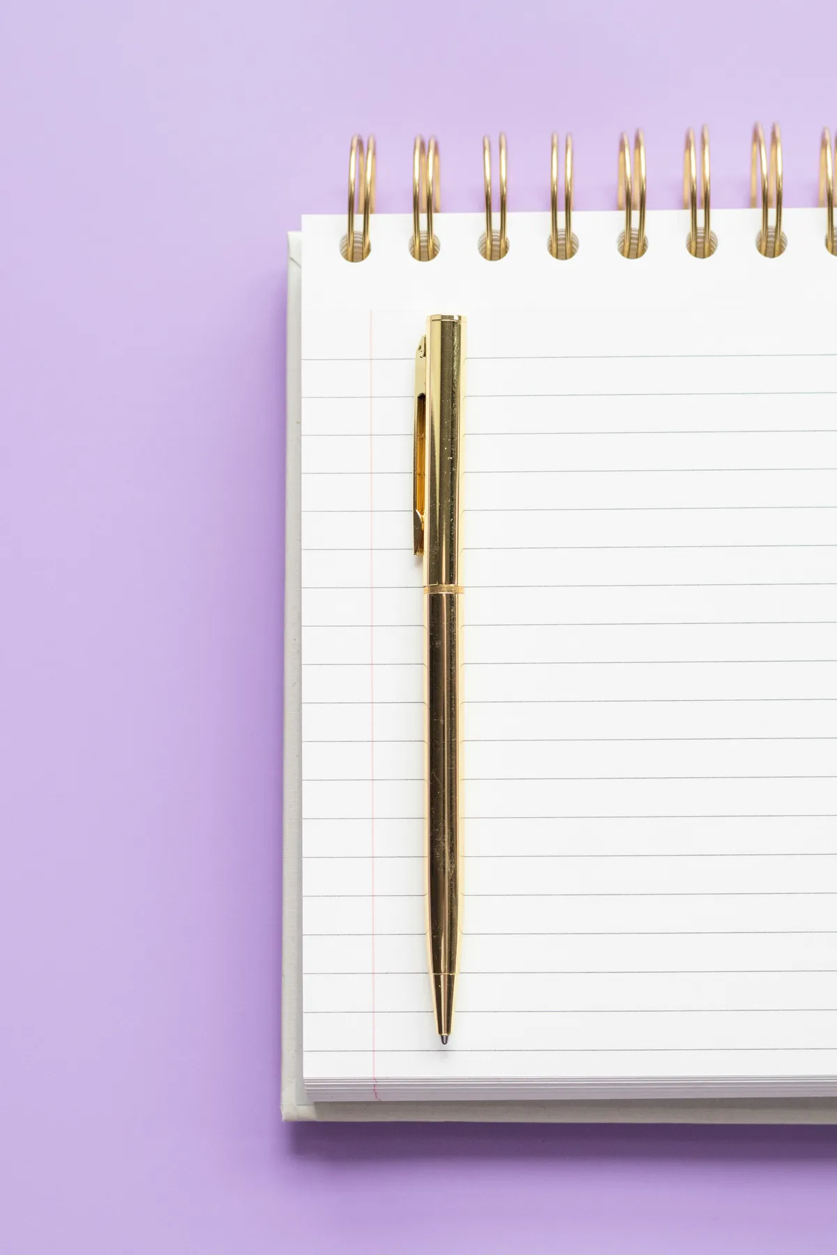 Open notebook and pen on a lilac background